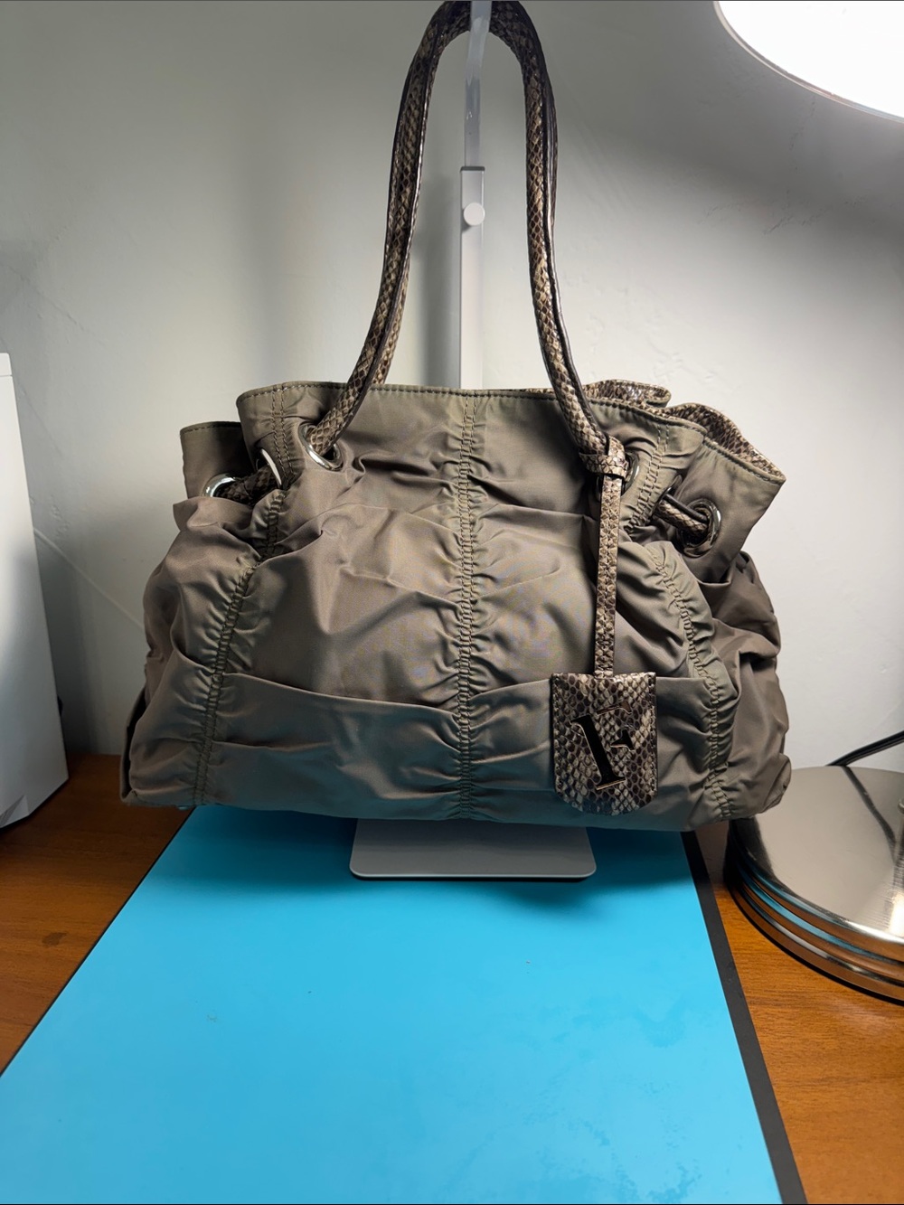 Furla Olive Taupe Nylon Shoulder Bag with Snake-Print Trim